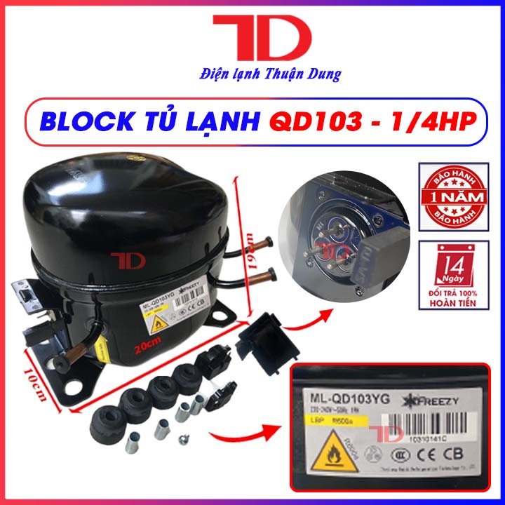 Block tủ lạnh QD103 1/4HP, gas r600a dùng cho tủ lạnh, tủ đông, tủ mát 250L - 400L hàng chính hãng - Điện Lạnh Thuận Dung