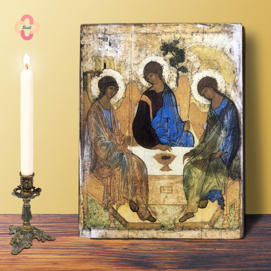 Icon Chúa Ba Ngôi Beati - Tranh Gỗ Thủ Công Màu Rustic / Icon of the Holy Trinity by Andrei Rublev