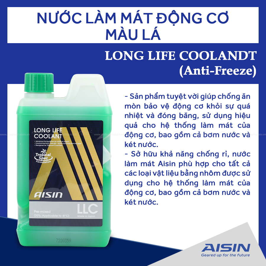Nước Làm Mát Động Cơ Màu Xanh Lá AISIN Long Life Coolant 20% 1 Lít LCPM20A1LG - Nhập Khẩu Chính Hãng