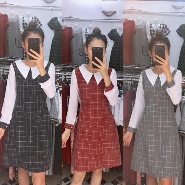 Đầm kẻ cổ đức dài tay phối trắng
