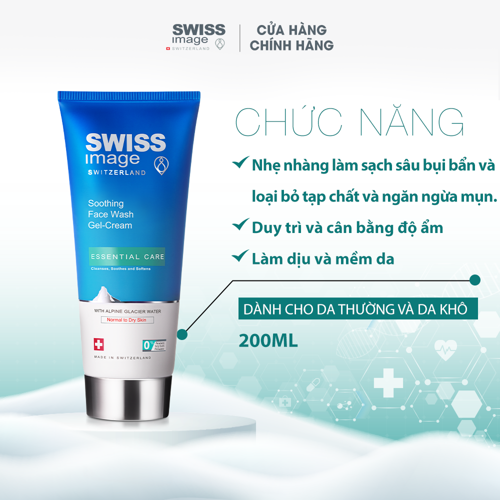 Gel rửa mặt làm sạch ngăn ngừa mụn dịu nhẹ cho da khô Swiss Image Soothing Face Wash Gel-Cream 200ml