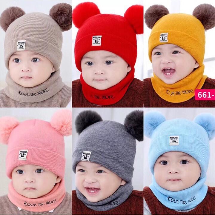Sét Mũ Len 2 Quả Bông Kèm Khăn Cho Bé