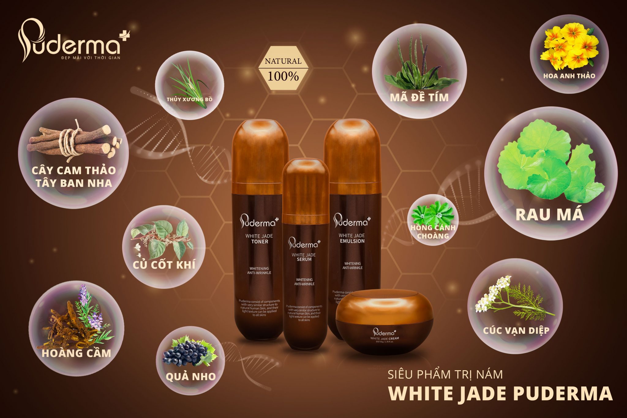 Kem Xóa NÁM WHITE JADE PUDERMA 50ml: làm mờ vết thâm sạm, nám, tàn nhang từ sâu bên trong, giúp làn da trắng sáng, căng bóng, nâng cơ săn chắc và đẩy lùi quá trình lão hoá cũng như làm mềm da nhanh chóng.