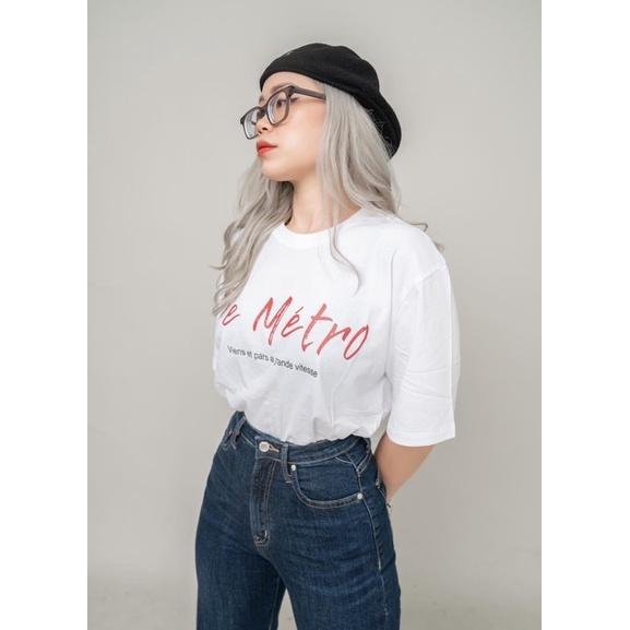 Áo thun nữ in chữ đỏ chất cotton phom suông rộng trẻ trung