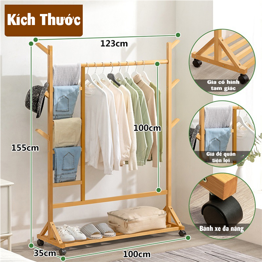 Giá kệ treo quần áo đa năng VANGO V5 bằng gỗ tre tự nhiên cao cấp, Phong cách nội thất Bắc Âu hiện đại sang trọng, sơn phủ bóng chống nước chống ẩm mốc cực tốt