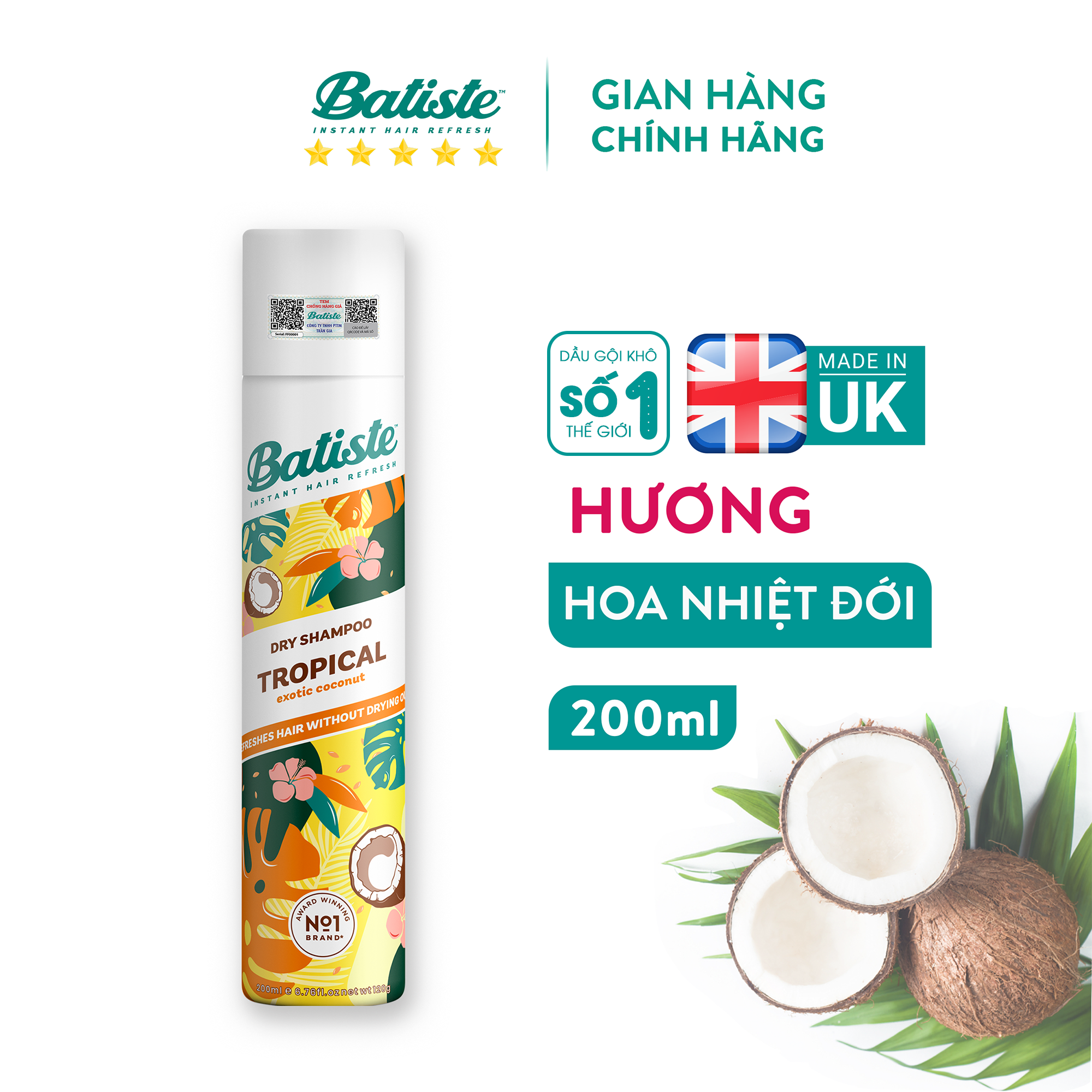 Dầu Gội Khô Batiste Hương Hoa Nhiệt Đới - Batiste Dry Shampoo Coconut &amp; Exotic Tropical 200ml