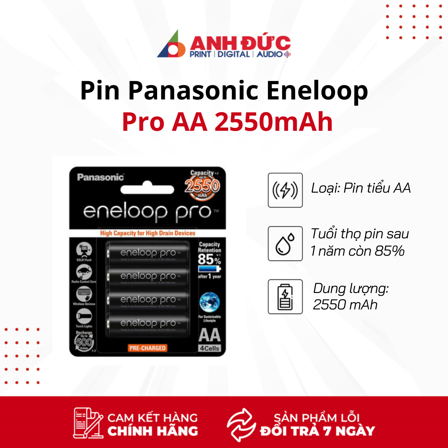 Pin sạc AA Panasonic Eneloop Pro 2550mAh dùng cho bàn phím MoFii, remote, đèn flash máy ảnh,...Hàng nhập khẩu