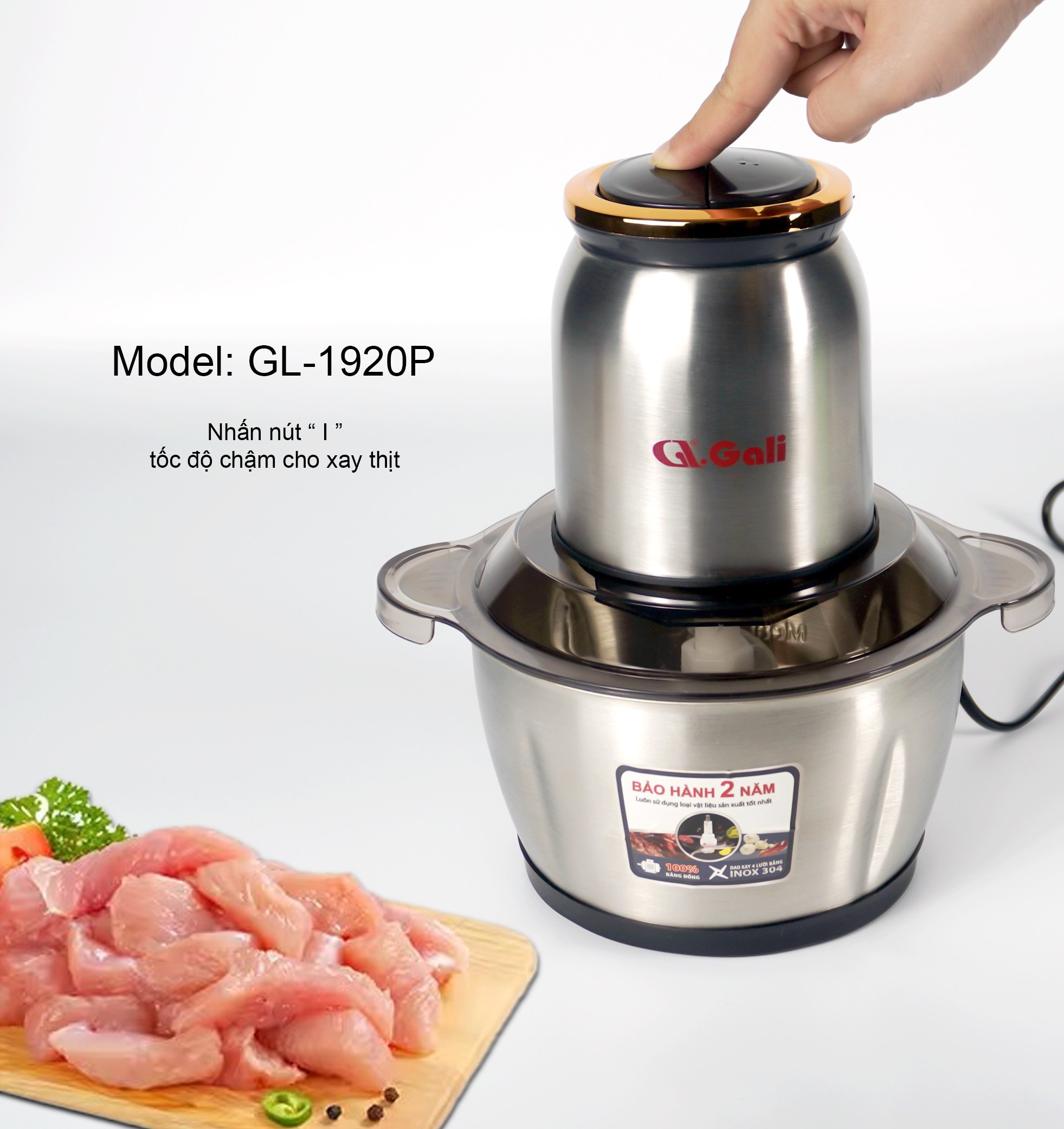Máy xay thịt Gali GL-1920P Dung tích 2 Lít, Motor 100% bằng đồng, có 2 tốc độ xay. Hàng chính hãng chất lượng cao, bảo hành 24 tháng