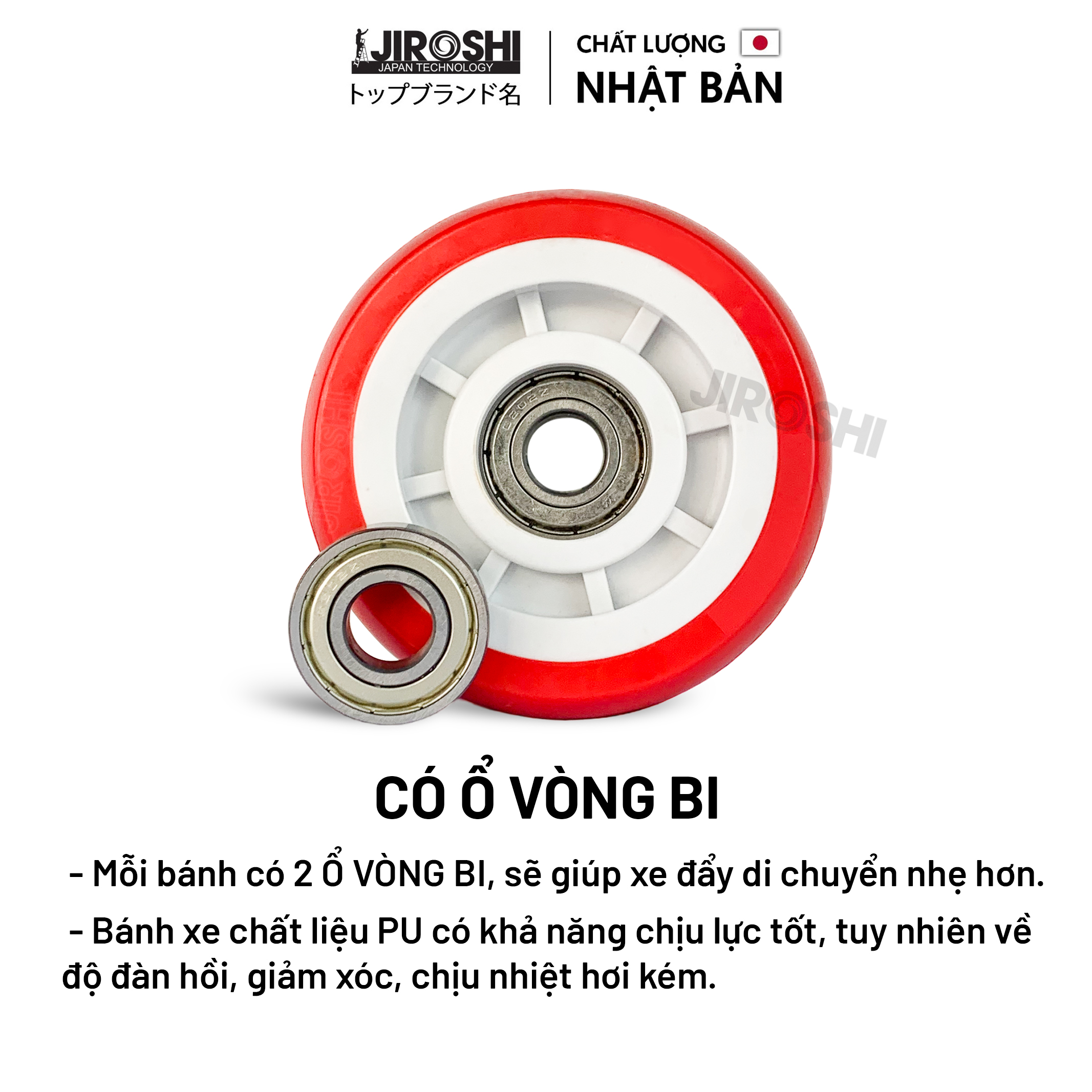 Bánh xe đẩy hàng chịu tải lớn JIROSHI Nhật Bản , Bánh xe nhựa PU Càng chất liệu INOX 304 chống ô xi hóa