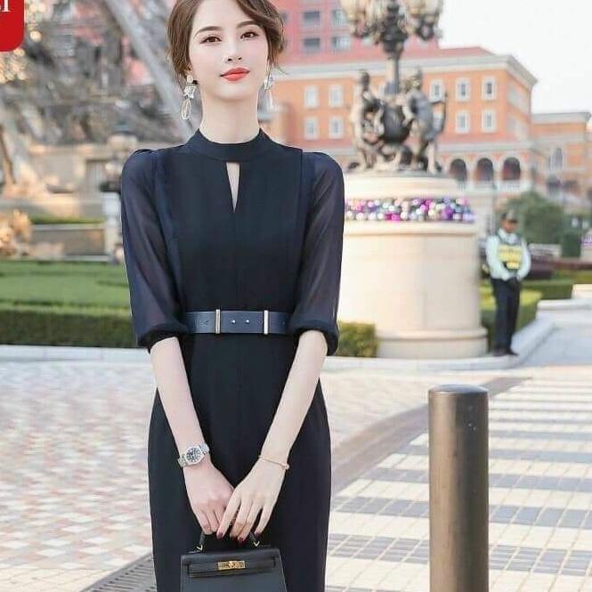 ĐẦM XANH TAY LƯỚI KÈM DÂY THẮT