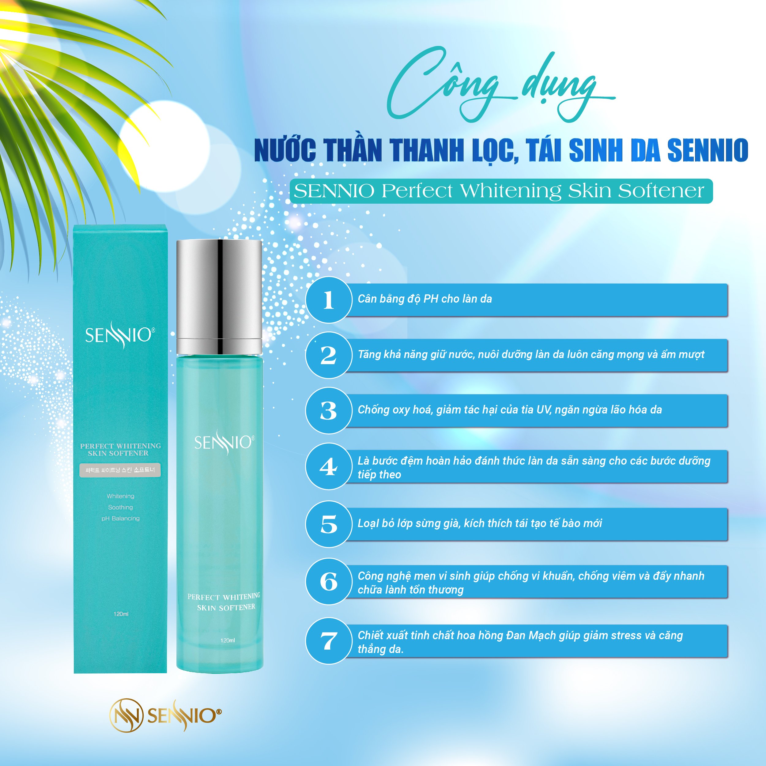 Nước hoa hồng se khít lỗ chân lông SennioPerfect Whitening Skin Softner cấp ẩm tái tạo và phục hồi da 120ml SNO 827