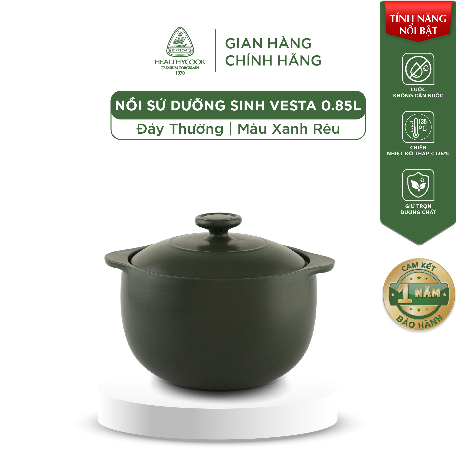 Nồi Sứ Dưỡng Sinh Minh Long Healthy Cook Vesta 0.85 L - Dùng Cho Bếp Gas, Bếp Hồng Ngoại