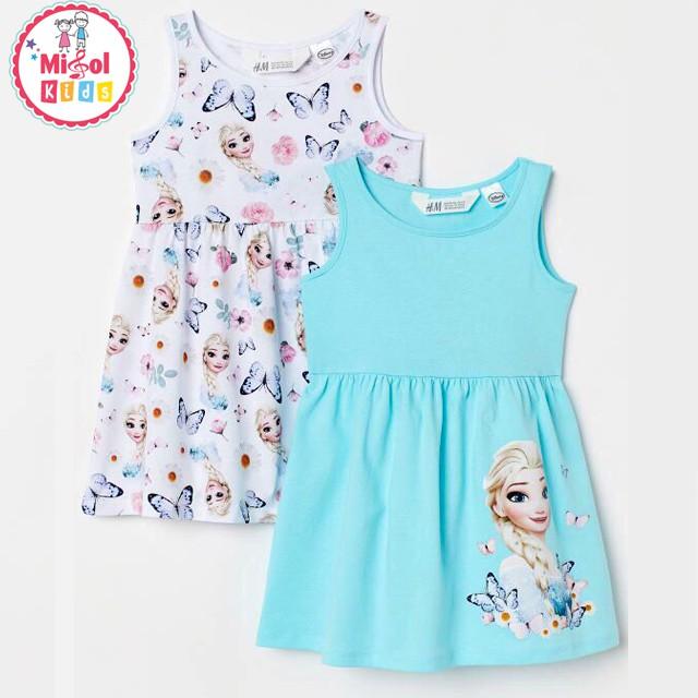 Set 2 Đầm hè bé gái Elsa xanh trắng họa tiết bướm