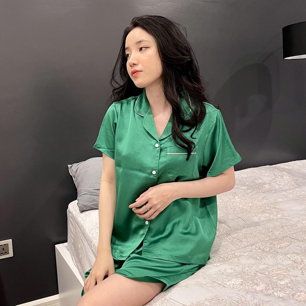 PIJAMA LỤA - Đồ mặc nhà chất Latin trơn màu xanh sang chảnh