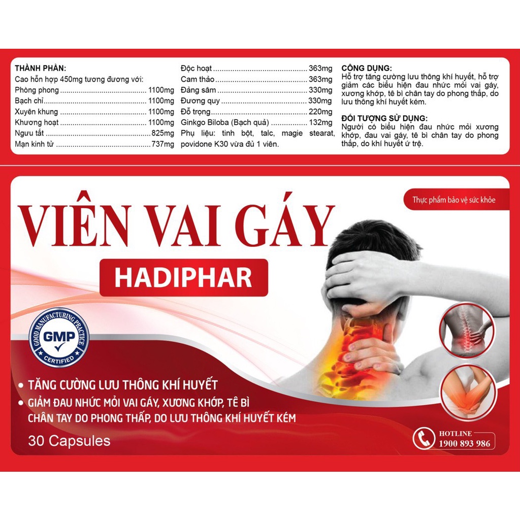 Viên Vai Gáy Hadiphar Hỗ trợ giảm thoái hóa đốt sống cổ, cột sống, hết đau mỏi vai gáy, bồi bổ khí huyết