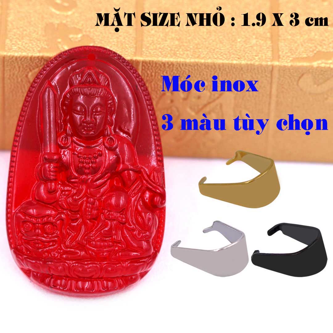 Mặt Phật Văn thù pha lê đỏ 1.9cm x 3cm  kèm móc dây chuyền inox vàng, Phật bản mệnh, mặt dây chuyền Phật giáo
