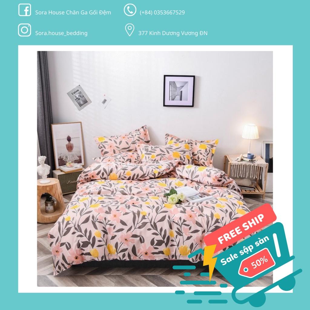 Bộ Chăn Ga Gối Cotton Poly Hoa Lá Hồng