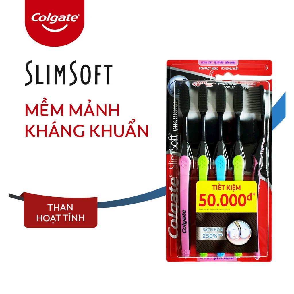 Bộ 5 Bàn chải đánh răng Colgate than hoạt tính kháng khuẩn SlimSoft Charcoal mềm mảnh