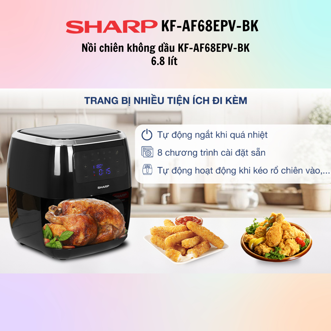 Nồi chiên không dầu Sharp KF-AF68EPV-BK 6.8 lít (điều khiển cảm ứng)  / Nồi chiên không dầu Sharp KF-AF60EV-BK 6 lít  (điều khiển cảm ứng, núm vặn) - Hàng Chính Hãng - Bảo Hành 12 Tháng