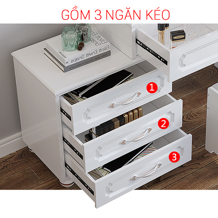 Bàn Phấn Tân Cổ Điển Màu Trắng Decor Phòng Ngủ Đẹp - Bàn Trang Điểm Có Gương Đèn Led Cảm Ứng Kèm Ghế