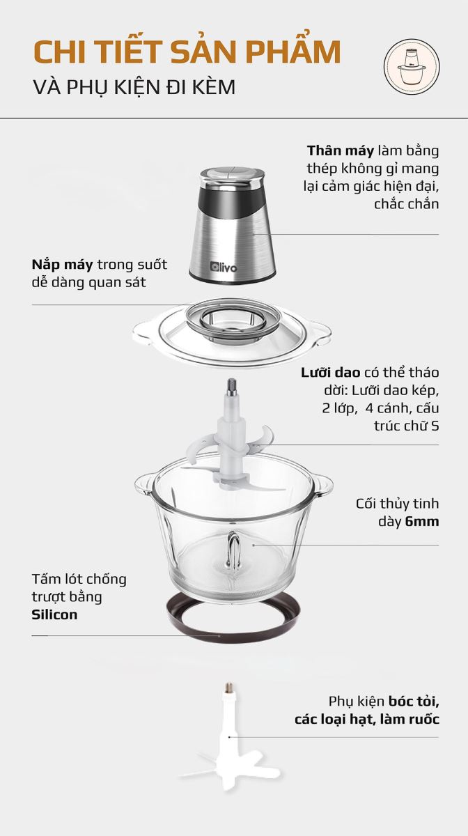 Máy Xay Thịt Thực Phẩm Hàng Chính Hãng Đa Năng OLIVO FC21 Cao Cấp - Dung Tích Lớn 2.1L - Công Suất 500W - Thương Hiệu Mỹ