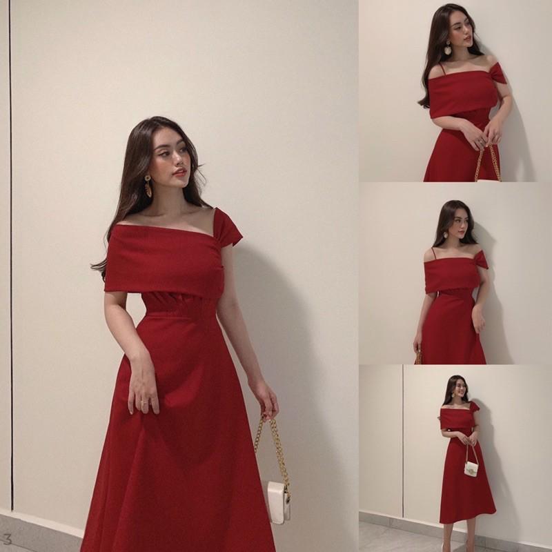 Váy dự tiệc bigsize màu đỏ đô dáng xòe táy lỡ kim tuyến, váy công sở  bigsize dáng xòe màu đỏ đô Linhnastore | Shopee Việt Nam