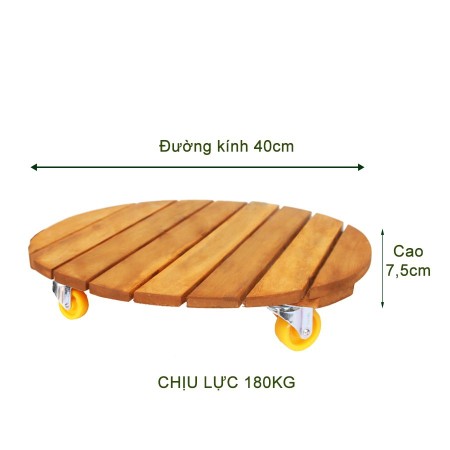Bộ 4 Đế lót GREENHOME - chậu bằng gỗ có bánh xe Tròn Gỗ tràm bông vàng R40cm - chịu lực 180kg
