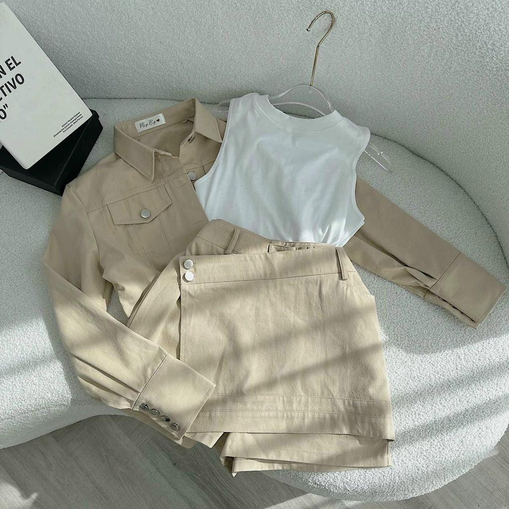 Set jean 3 món nude khoác crop jean crop trắng 3 lỗ kèm chân váy năng động