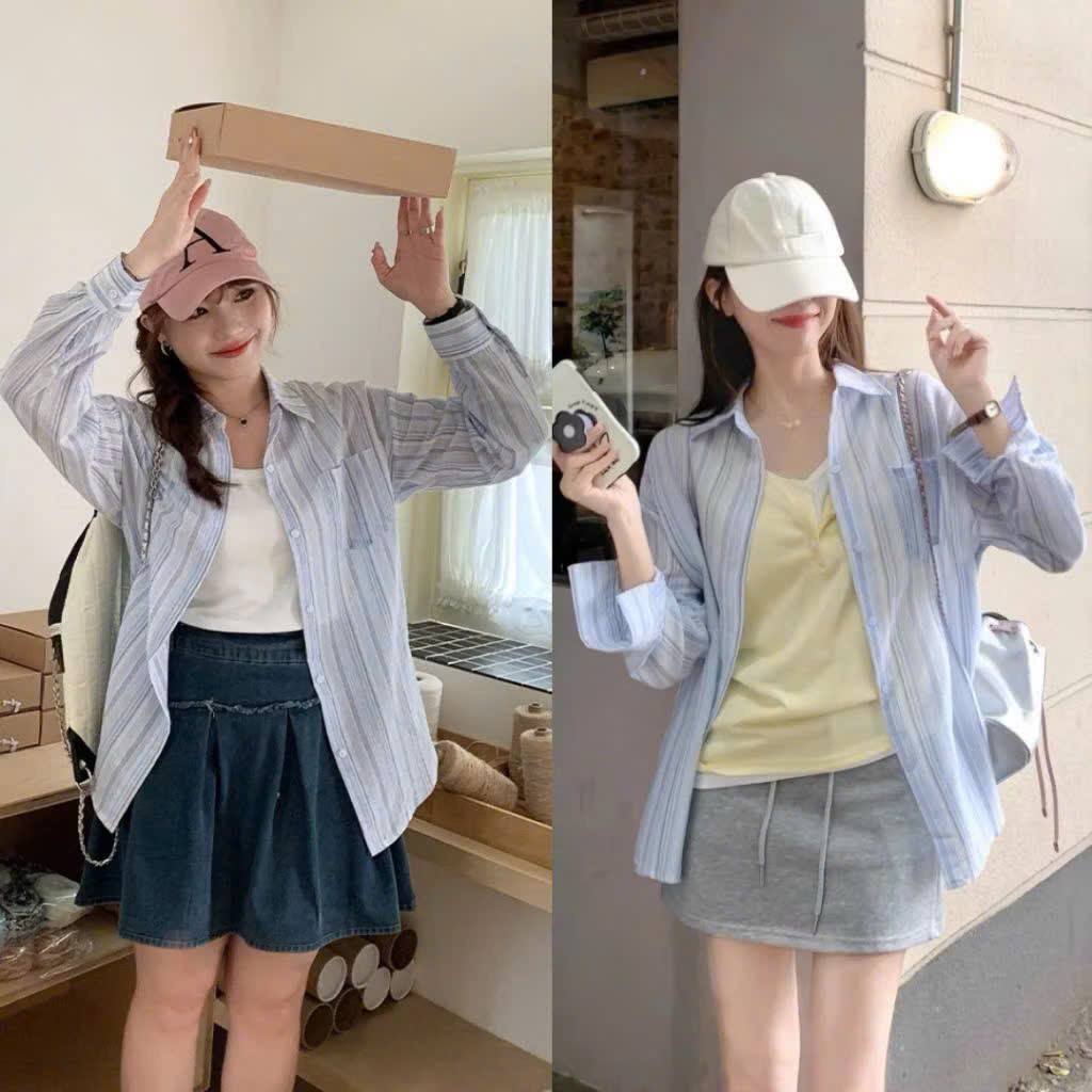 Áo sơ mi kẻ nữ form rộng dài tay NeSa Shop, Chất liệu Đũi Linen mềm mịn, thoáng mát, áo kiểu nữ form rộng, trẻ trung T50