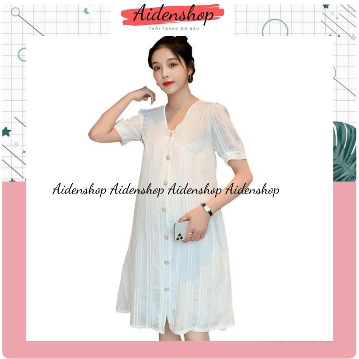 Váy bầu thiết kế công sở Aidenshop Đầm bầu thời trang dáng suông màu trắng chất thô lụa 2 lớp