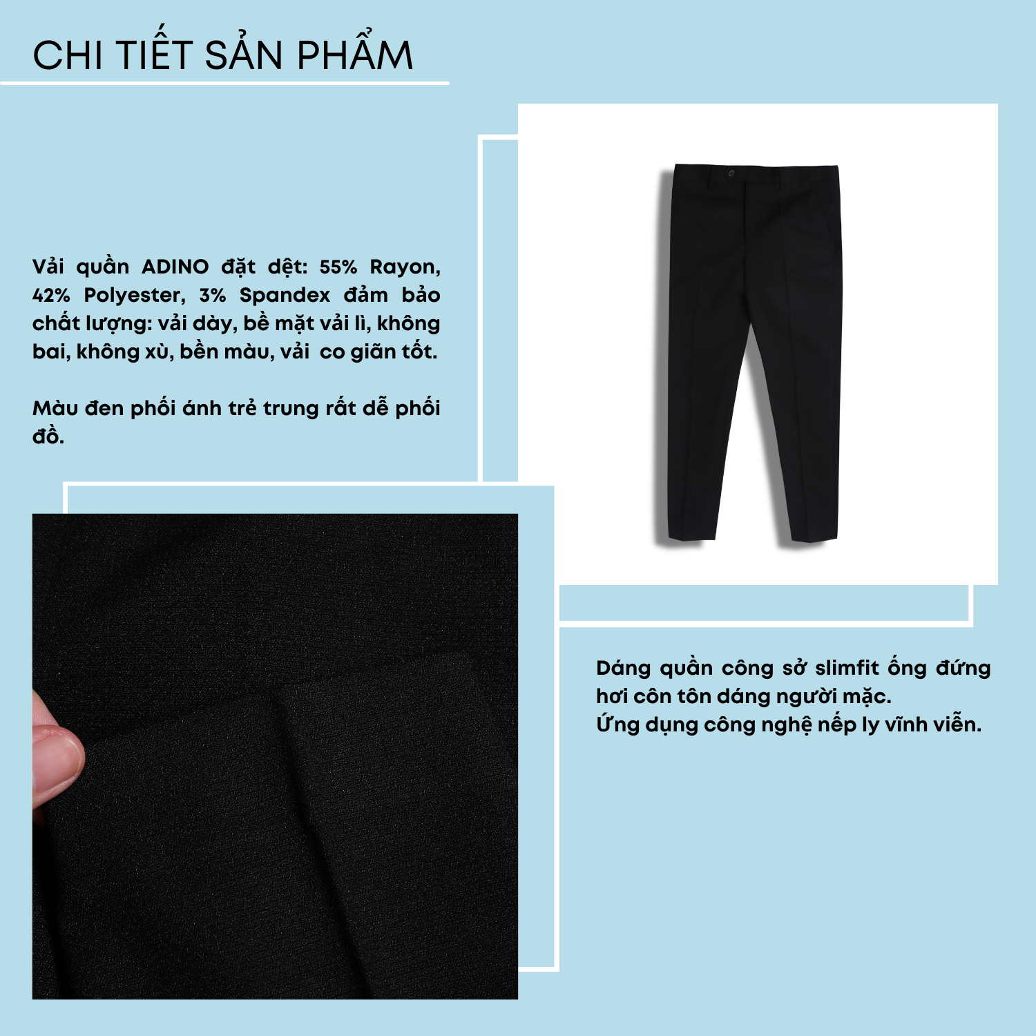 Quần âu nam màu đen ADINO vải rayon không bai xù dáng slimfit công sở trẻ trung QA143