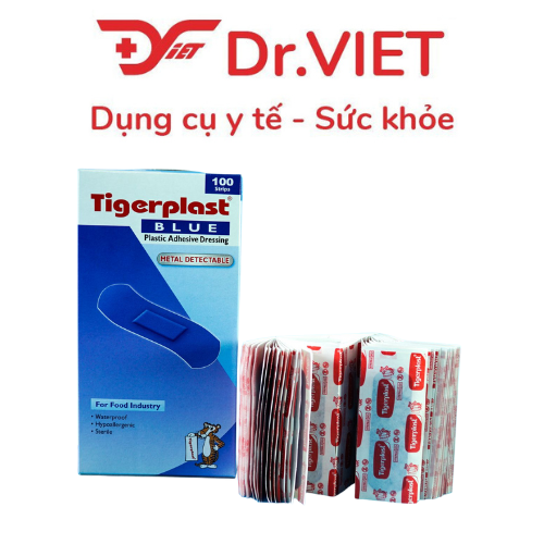 Băng keo cá nhân TigerPlast Blue có kim loại, màu xanh dễ nhận biết, dùng trong ngành công nghiệp thực phẩm, chế biến thực phẩm, nhà máy, bếp công nghiệp, sản xuất thực phẩm, hỗ trợ che phủ vết thương nhỏ, dễ phát hiện khi rơi lẫn vào thực phẩm