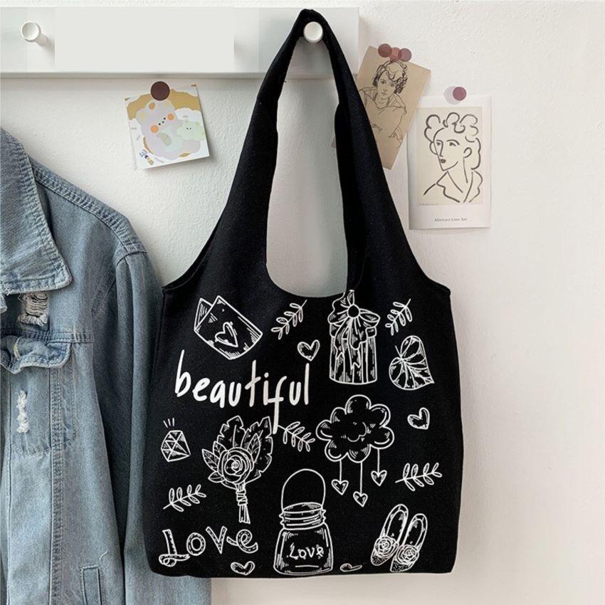 Túi tote vải canvas đeo vai đi học đi chơi phong cách uzzang giá rẻ - Beautiful màu đen