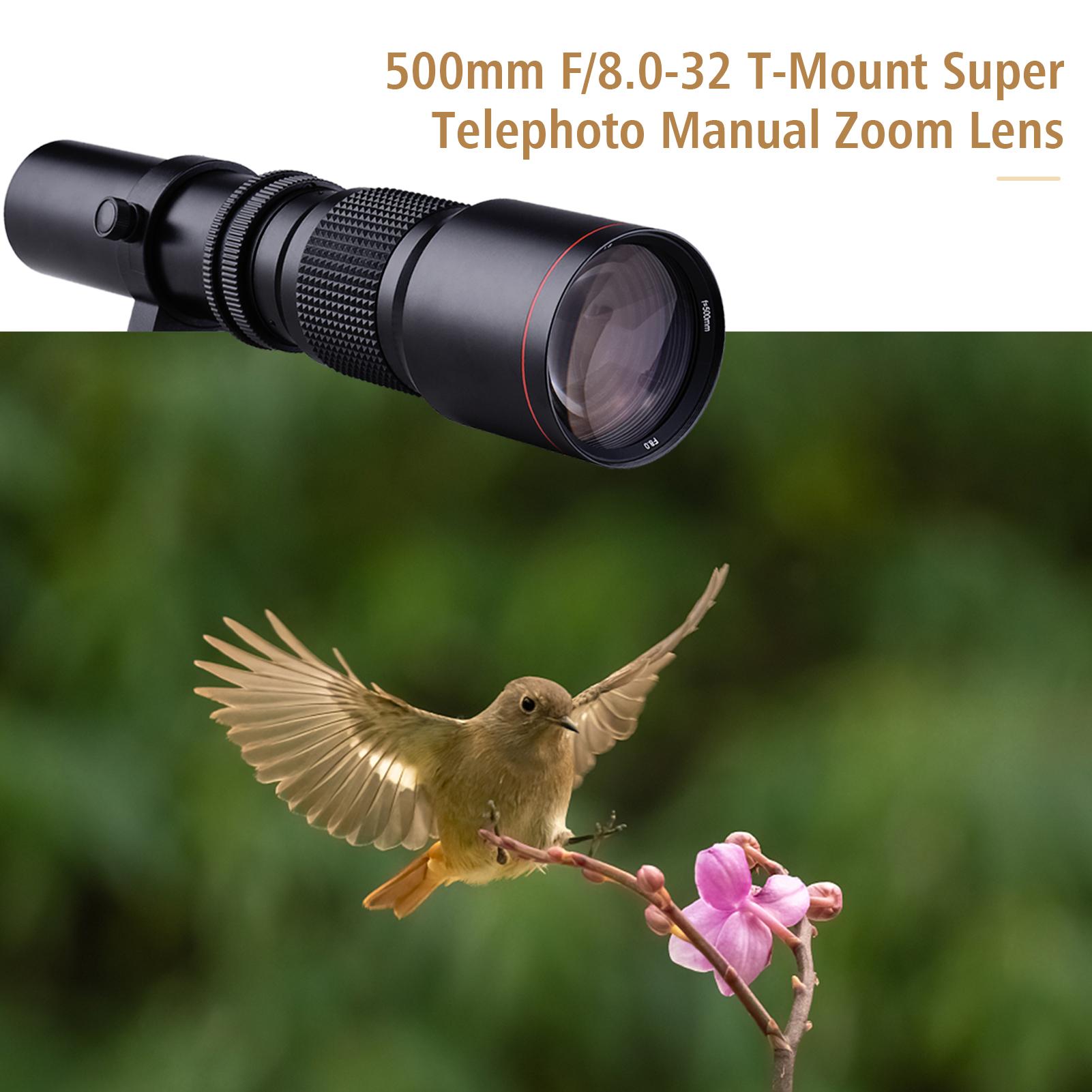 500mm F/8.0-32 Multi Coated Super Telephoto Lens Manual Zoom + T-Mount to A-Mount Adapter Ring Kit Replacement for Sony