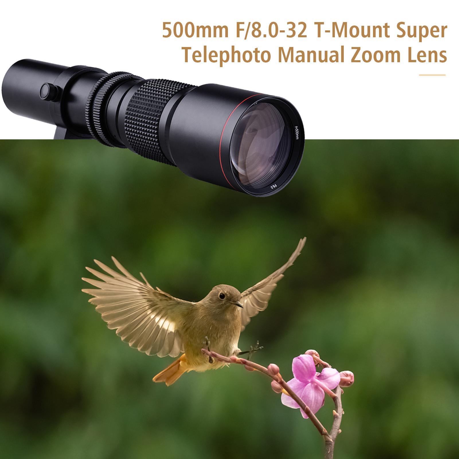 500mm F/8.0-32 Multi Coated Super Telephoto Lens Manual Zoom + T-Mount to EF-Mount Adapter Ring Kit Replacement for