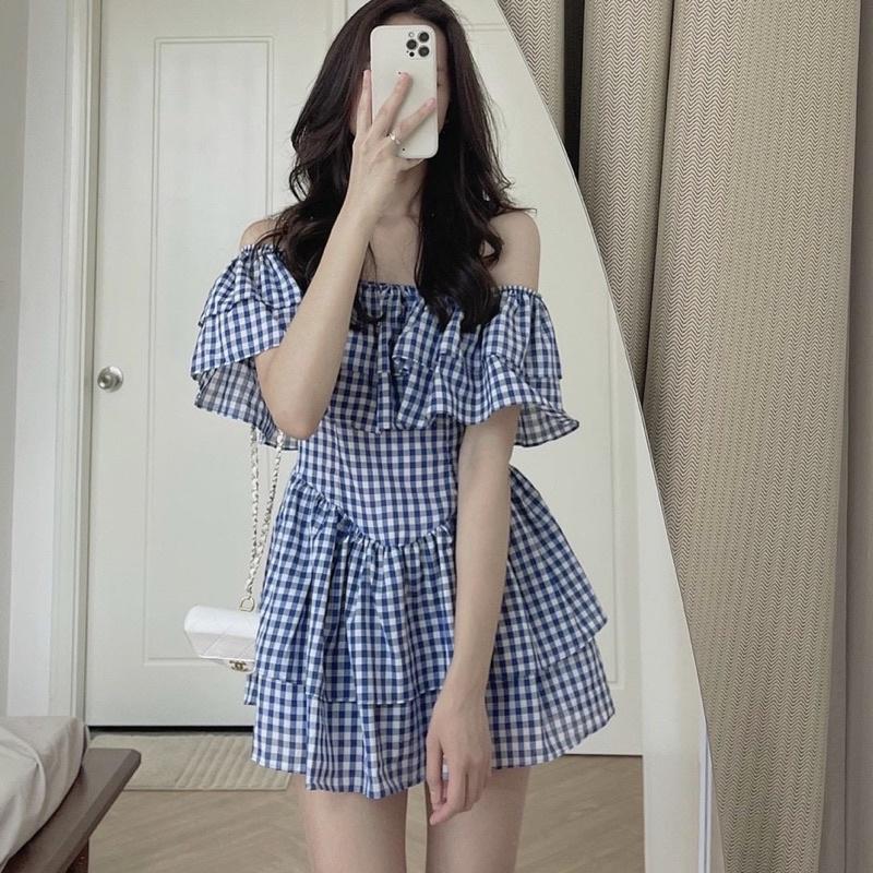 Đầm Bẹt Vai Caro Xanh Bèo Váy Xoè Tầng Siêu Xinh