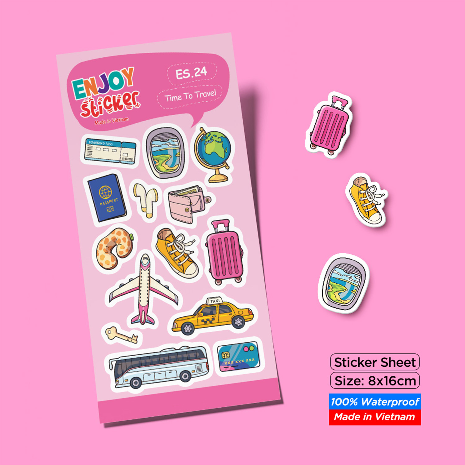 ES24 Time To Travel Enjoy sticker sheet hình dán chống thấm nước Made in Vietnam Sticker Factory