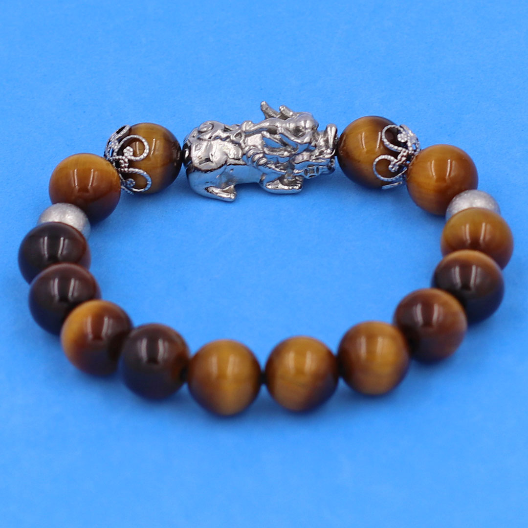 Vòng chuỗi đeo tay đá mắt hổ vàng đen 10 ly charm tỳ hưu inox, bi inox, khía bông inox, vòng tay phong thuỷ, vòng tay tỳ hưu