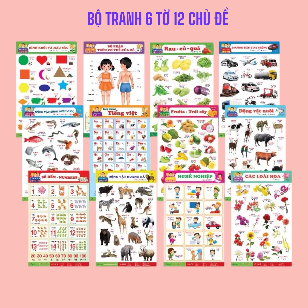 ￼Tranh lò xo- Bộ Tranh Treo Tường 6 Tờ 12 Chủ Đề dành cho bé (Song ngữ Việt Anh)