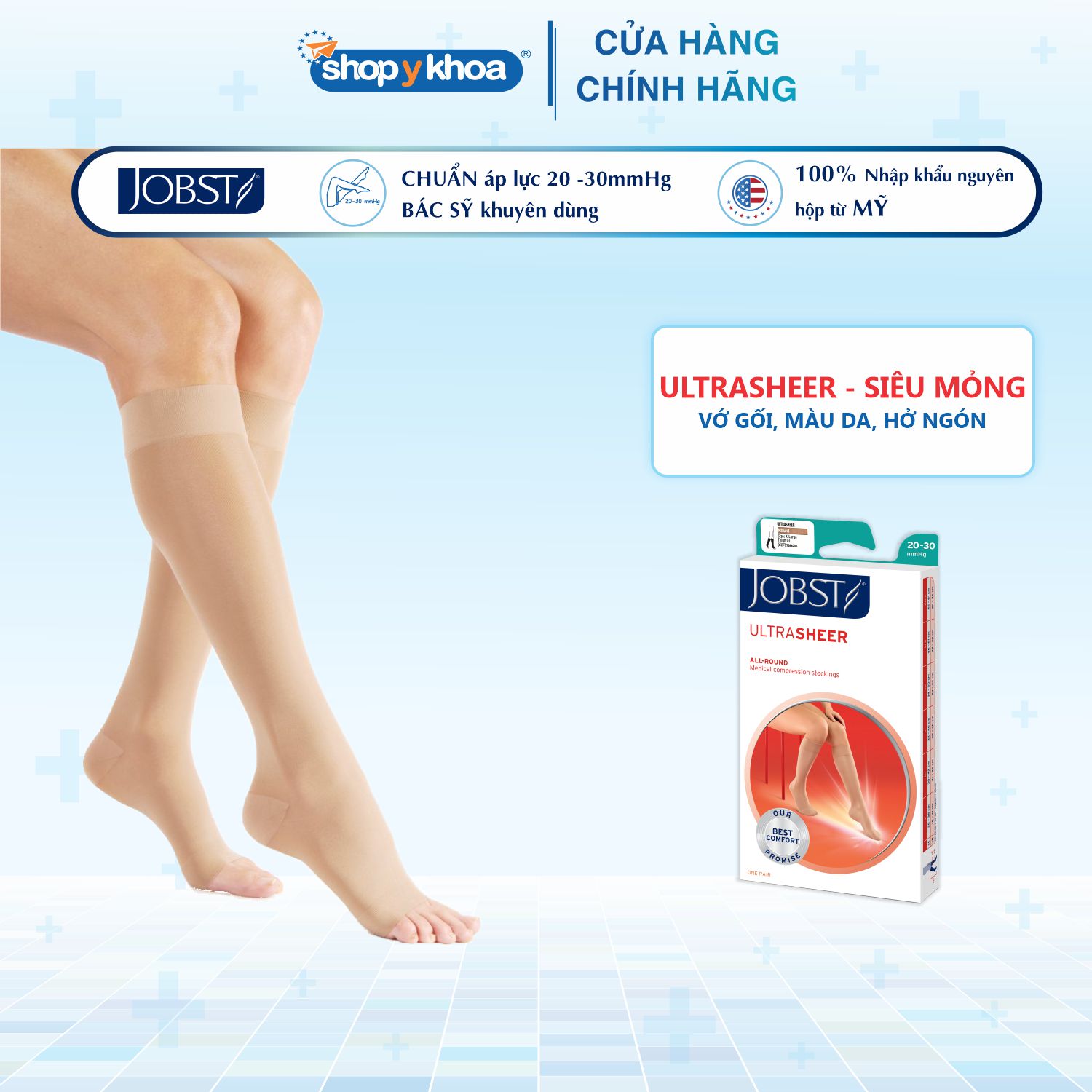 Vớ y khoa gối JOBST UltraSheer - Siêu Mỏng hỗ trợ điều trị giãn tĩnh mạch chân - Da - S