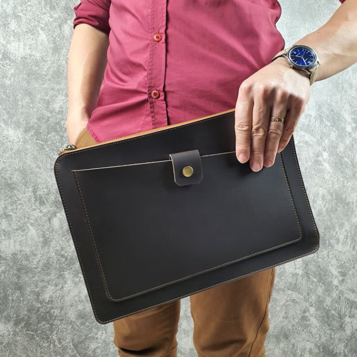 [Da thật] Clutch cầm tay nam, túi đựng macbook, ipad 12 inch da bò sáp CL139 (nâu) - 100% da bò thật