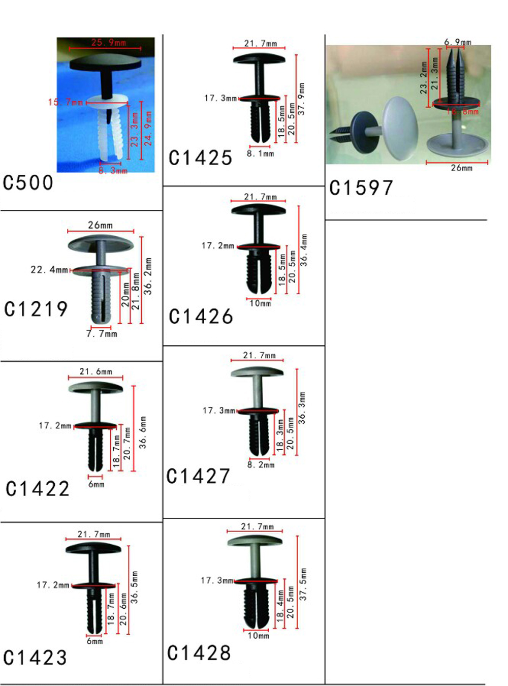 Gói 10 cái đinh tán chốt nhựa dành cho xe ô tô Fiat cao cấp sản xuất đúng theo kích thước chuẩn của nhà sản xuất xe hơi