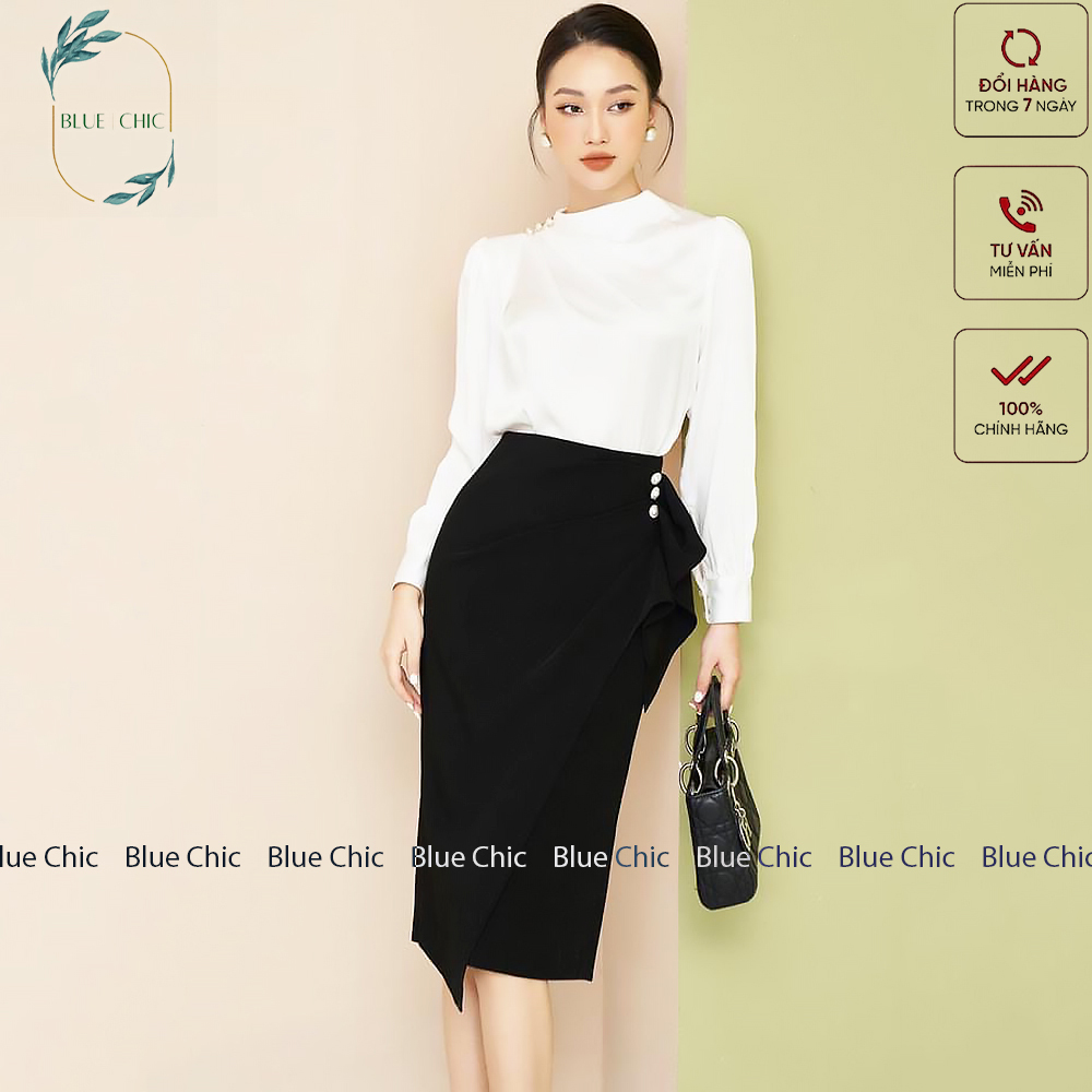 Chân váy khuy ngọc Blue Chic cạp cao dáng dài có lớp lót form công sở cao cấp mặc tôn dáng màu đen