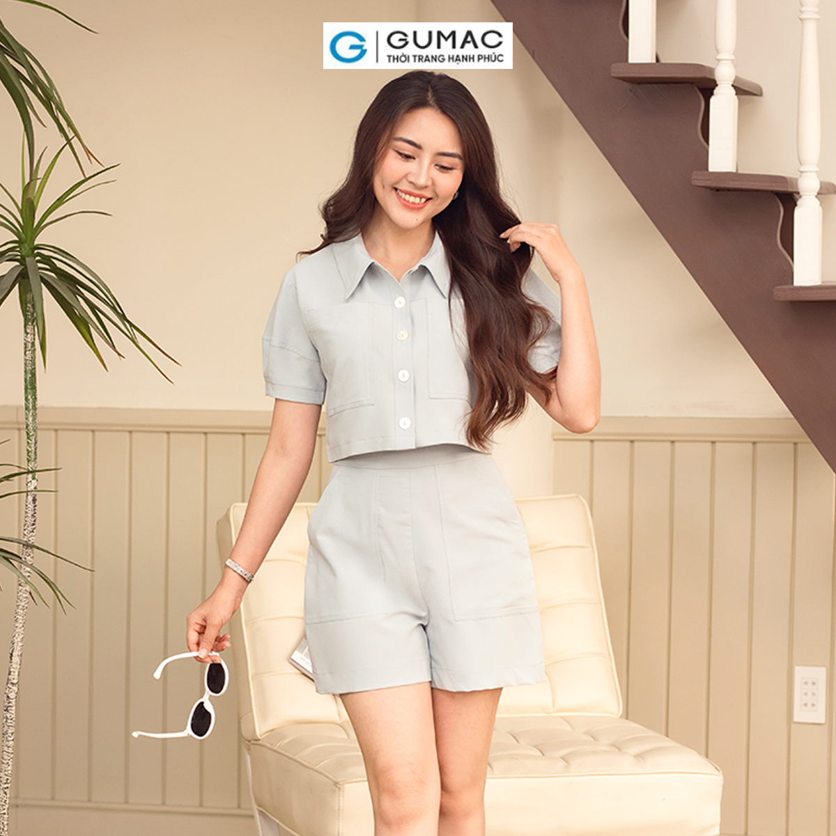 Set lẻ Áo kiểu tay bí thời trang GUMAC AD06071 - Quần short túi đắp thời trang GUMAC QD06072