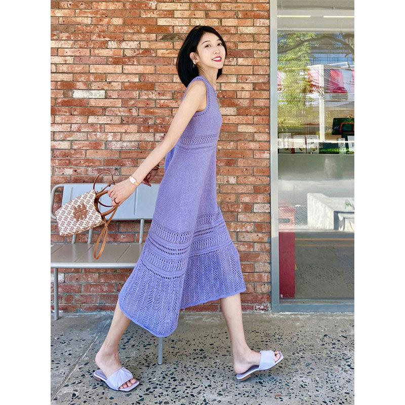TOBE1SHOP Màu tím rỗng tay áo dệt kim đầm đám đông nhỏ thiết kế cảm giác Pháp khí chất treo Vest dài