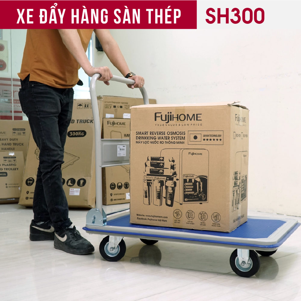 Xe đẩy hàng 4 bánh gấp gọn 250kg sàn thép nhập khẩu FUJIHOME SH300,, bánh xe chống ồn
