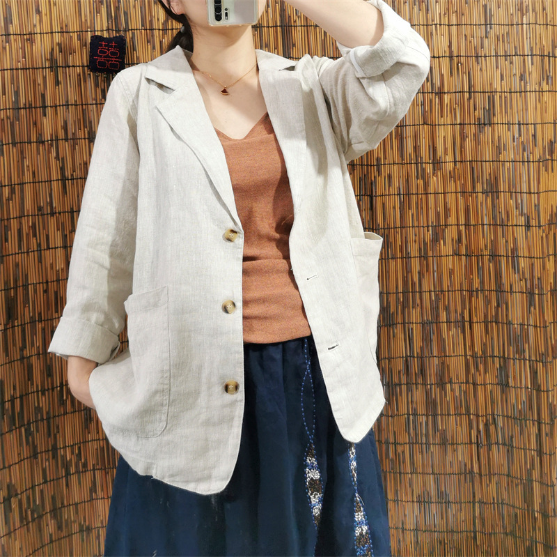 Áo vest blazer Linen nữ dáng lửng tay lỡ túi hộp, thời trang phong cách trẻ, chất liệu linen tự nhiên (màu trắng) Đũi Việt DV03