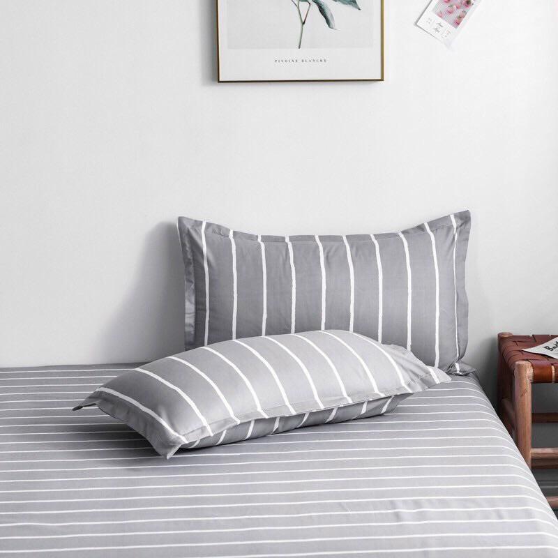 Bộ chăn ga gối cotton fly Hàn quốc họa tiết kẻ xám