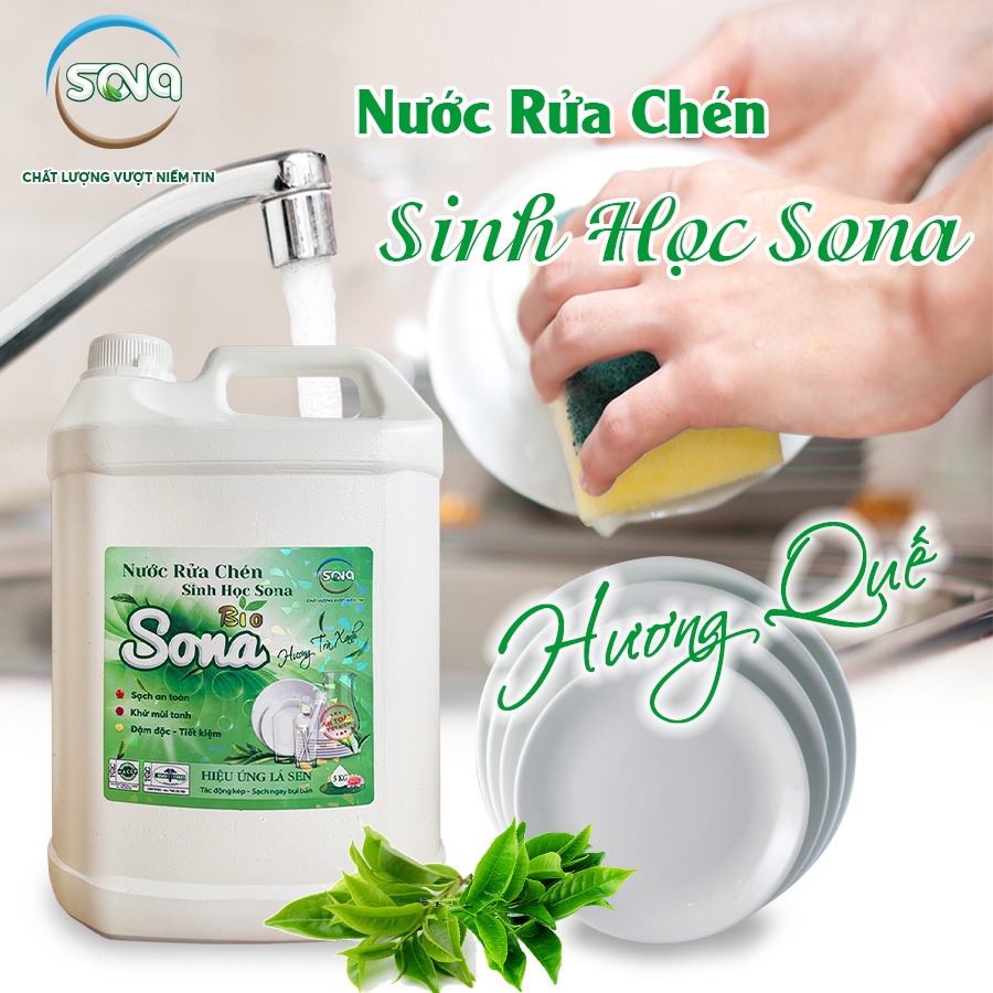 Nước rửa chén, rửa bát sinh học Sona 5kg, làm sạch siêu tốc, an toàn, mềm mại với da tay