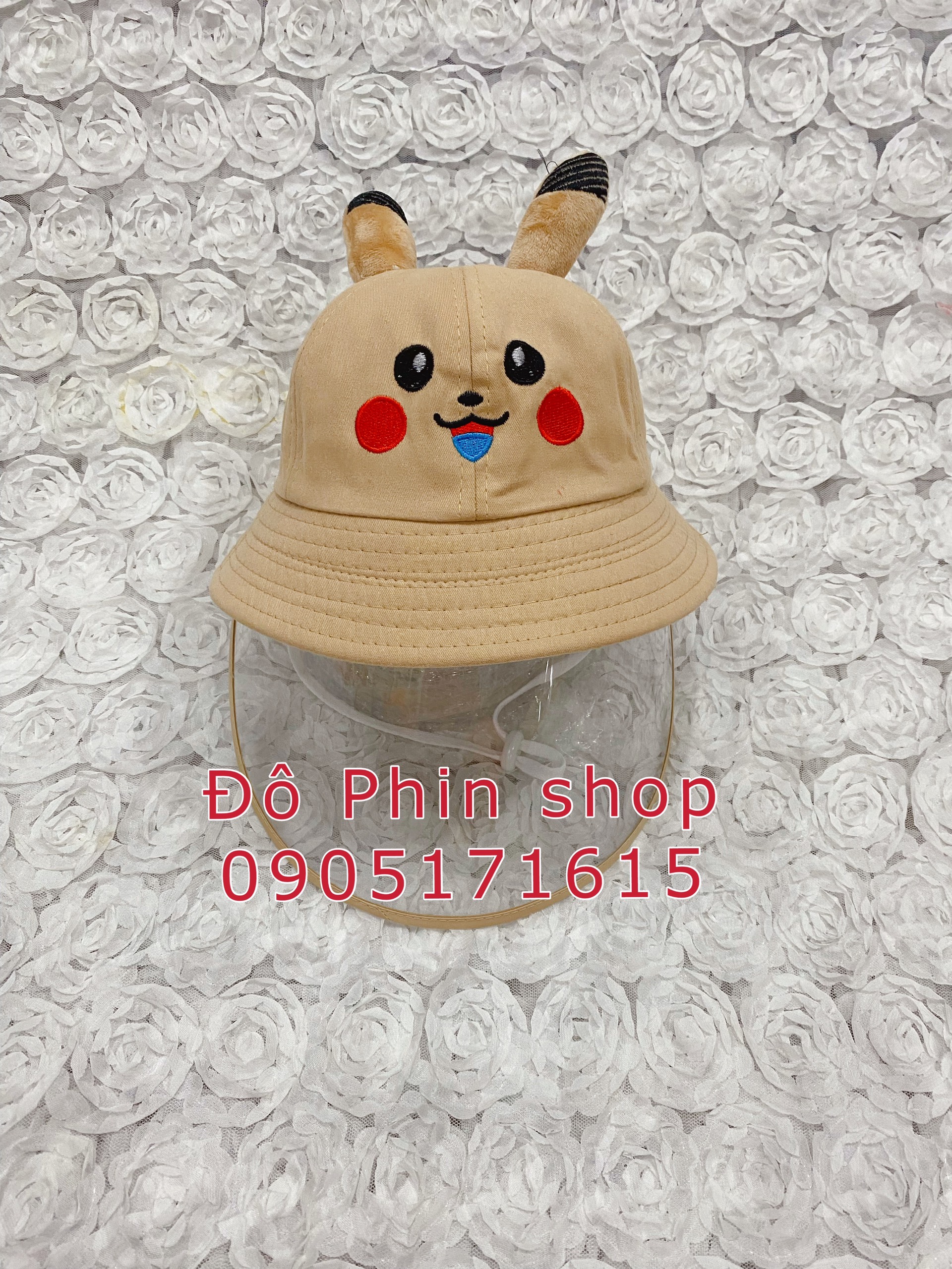 Mũ vành bucket Pikachu chống giọt bắn trẻ em, vòng đầu 52cm, có dây quai nón, tấm chắn có thể tháo rời làm nón thời trang cho bé